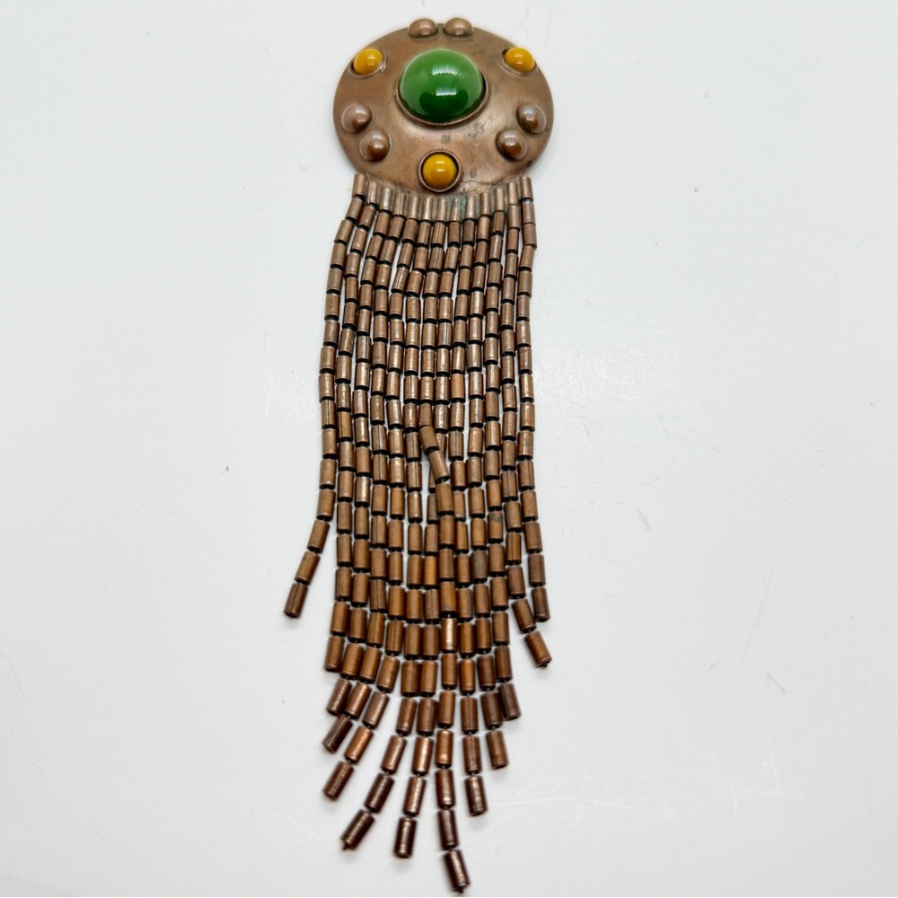 HUGE BEN AMUN Flying Saucer Waterfall Tassel Green Disc Brooch Pin, Runway Vtg